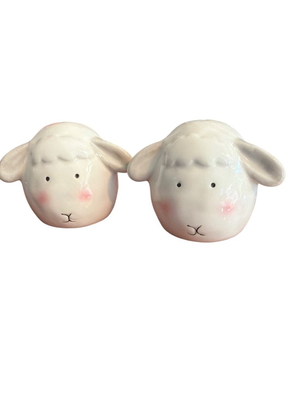 Animal Kingdom Ceramic Sheep Salt Pepper Shaker Set White Lamb Pink Cheeks NWOB
